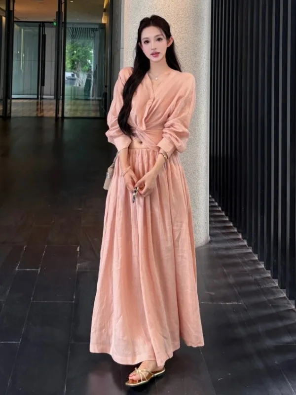 

Summer New Gentle Wind Twist V-neck Shirt High Waist Skirt Two-piece Set Women Casual Slimming Fashion Ensemble