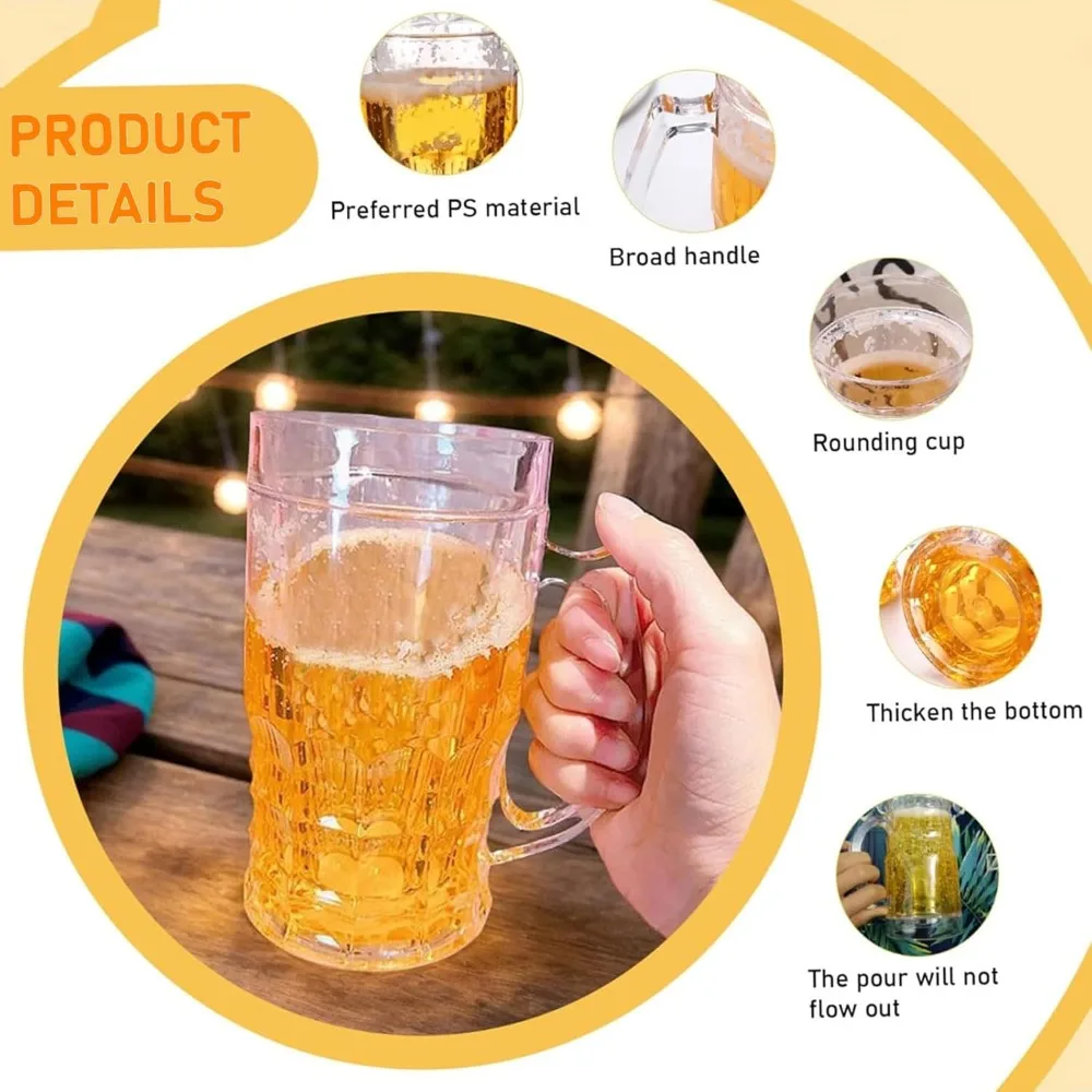 Double Walled Beer Mug, 16 oz Fake Beer Glasses with Handle, Reusable Drinking Cups for Freezer, BPA Free - view 6