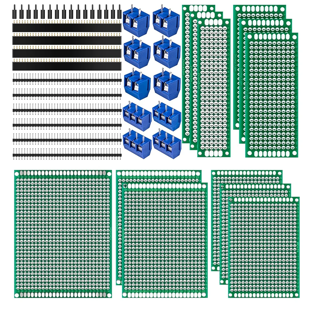 Comprehensive PCB Board Kit 48p Double Sided Boards 10 Terminals and 40 Pin Headers for Soldering and Prototyping