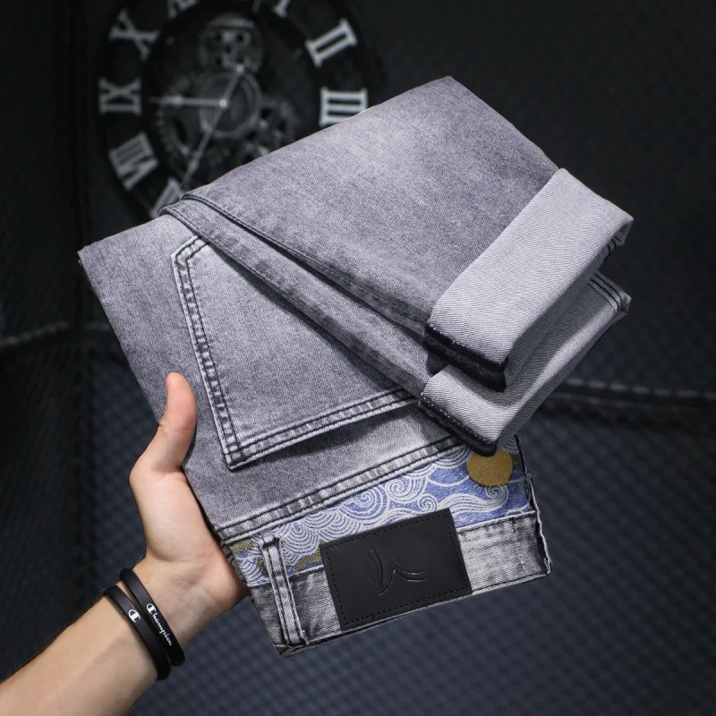 Men's, gray jeans casual fashion Japanese style printed stitching washed stretch slim-fitting small straight trousers