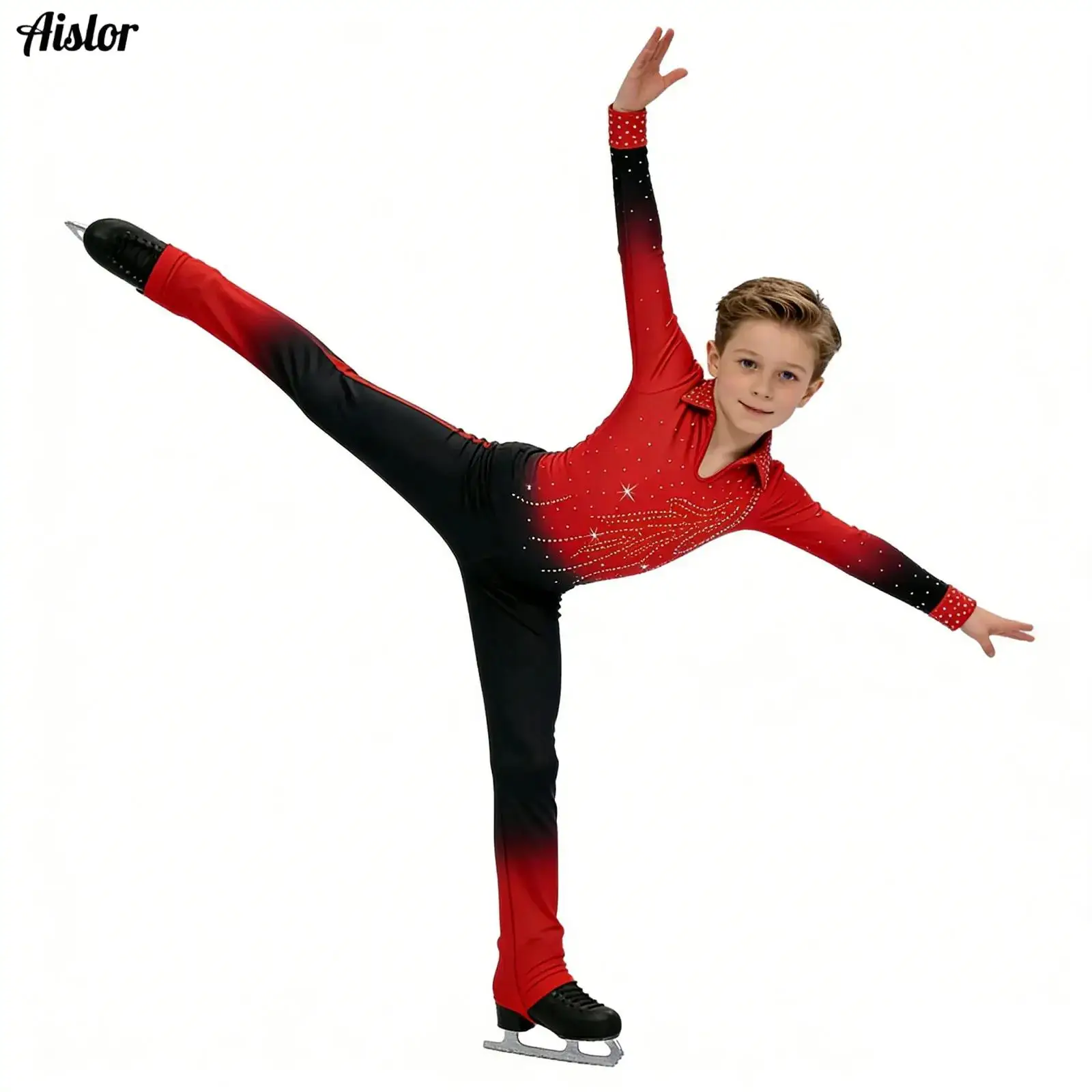 Boys Sparkling Rhinestone Color Block Ballet Acrobatics Rhythmic Gymnastics Athletic Activewear Fitness Figure Skating Unitard