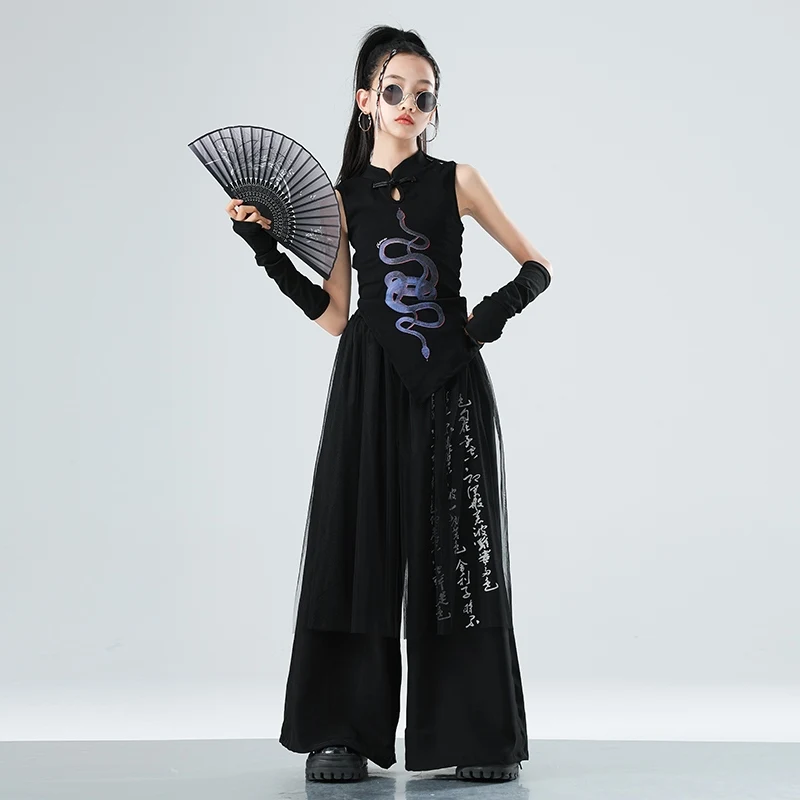 สีดําสไตล์จีน K-pop ชุดเวทีสําหรับสาวแฟชั่นเสื้อผ้าแจ๊สเต้นรํา Hip-Hop Dance เสื้อผ้า XH2821