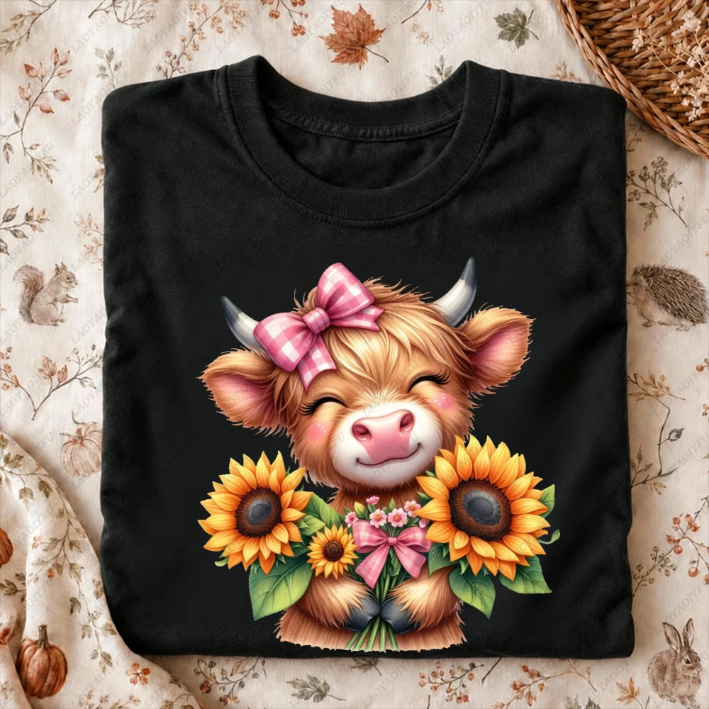 Highland Cow Pink Gingham Bow Sunflower Bouquet Graphic Women Casual Short Sleeve T-Shirt Cute Farm Animal Floral Spring Blouse