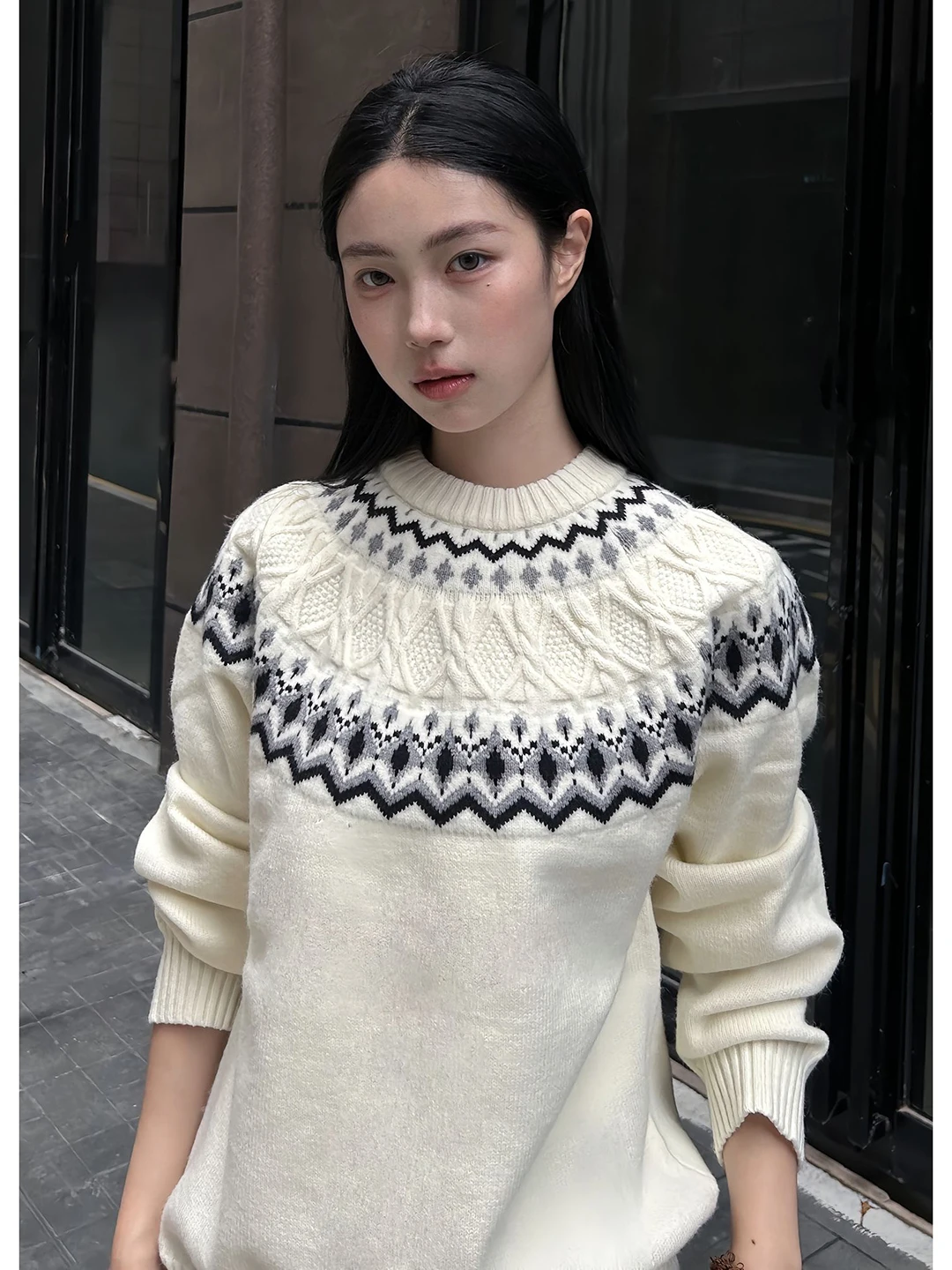 Milk  Fair Isle Knitted Sweater Women's Korean Sle Early Autumn Outfit Inner Wear Base irt Commute Sle Loose Fit