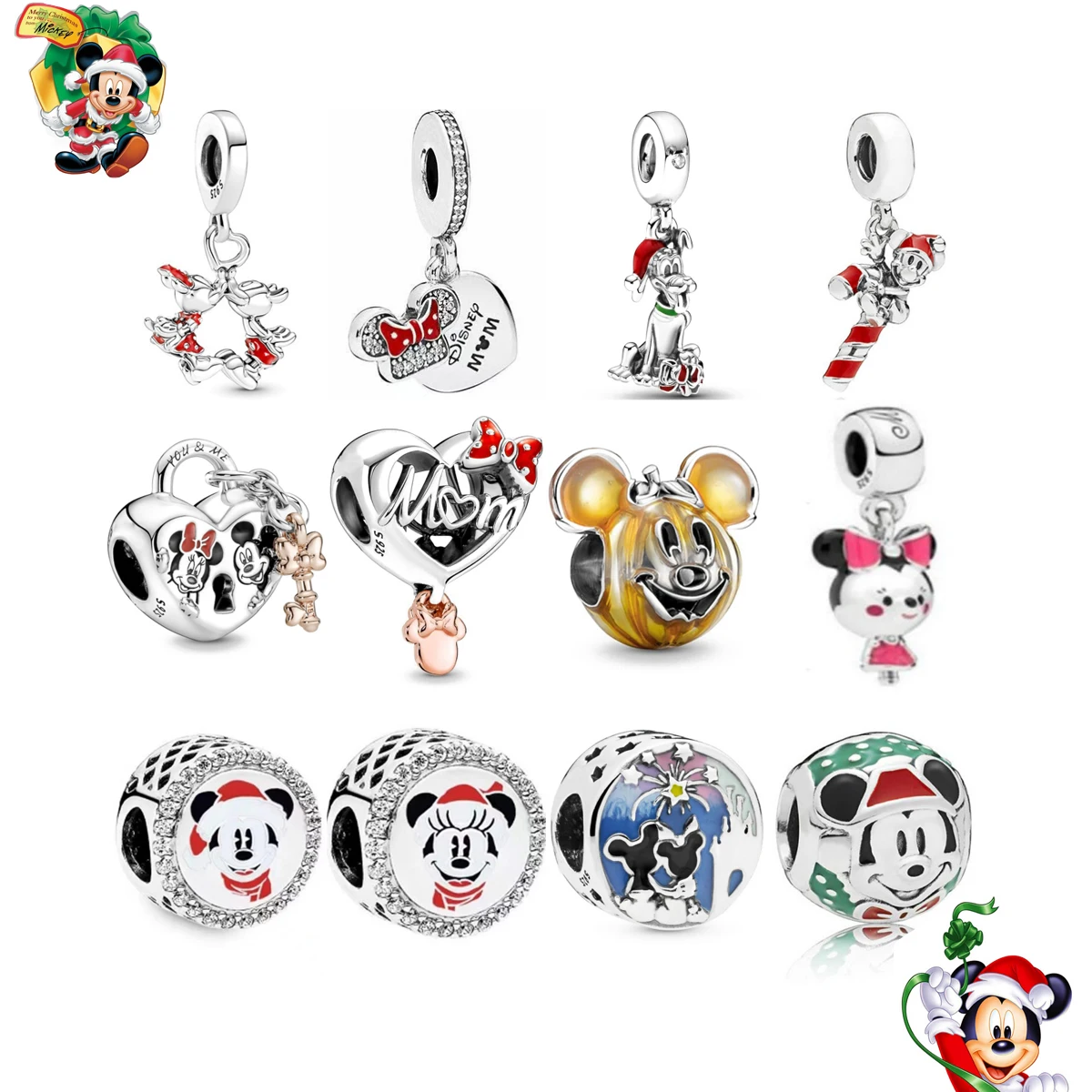 

Christmas Miniso Disney 925 Silver Mickey Minnie Christmas Goofy Santa Crutch Pendant Fit Original Bead Bracelets DIY Jewelry
