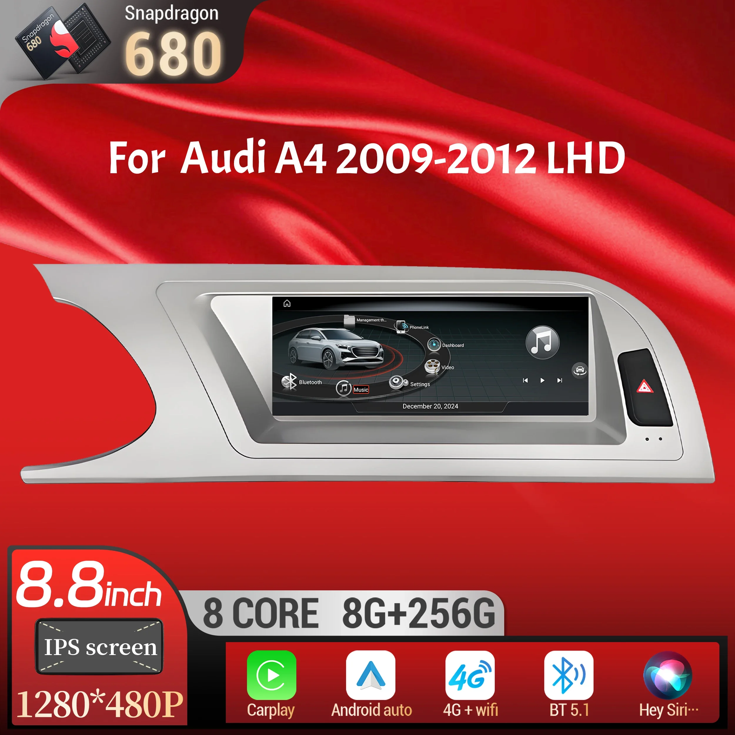 8.8 inch Left Hand Drive Android 13 For Audi A4 2009-2012 Car Radio Wireless BT Carplay Head Unit Qualcomm Snapdragon 680 Screen