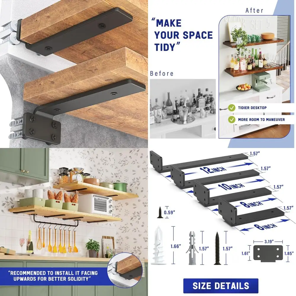 

Heavy-Duty Metal Floating Shelf Brackets, 12-Inch Long, 12-Pack, Black Coated Wall Mounts for Shelves, Sturdy Support for Home D