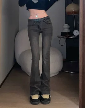 جينز نسائي مضيء ، مشتعل بجيوب ، بنطلون خصر منخفض الارتفاع ، من الأسفل إلى الأسفل ، Y2k ، جودة جيدة ، صيف ، رمادي ، R