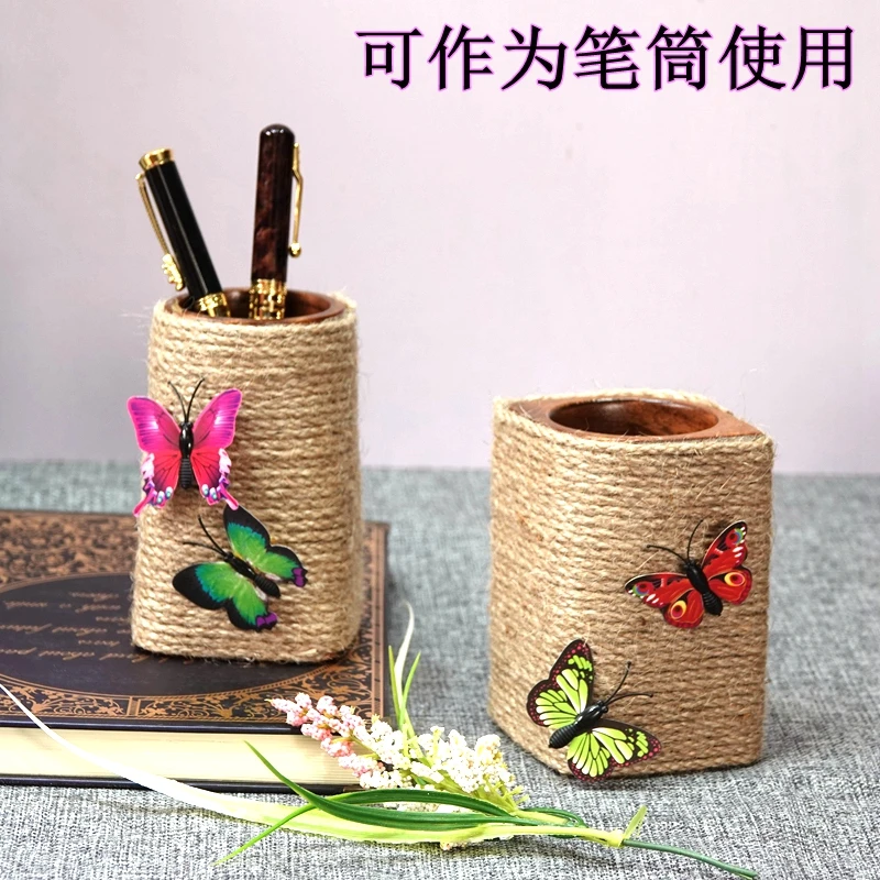 Hand-made hemp rope whole wood walnut fall-resistant wooden pencil holder modern simple log office desktop stationery collection