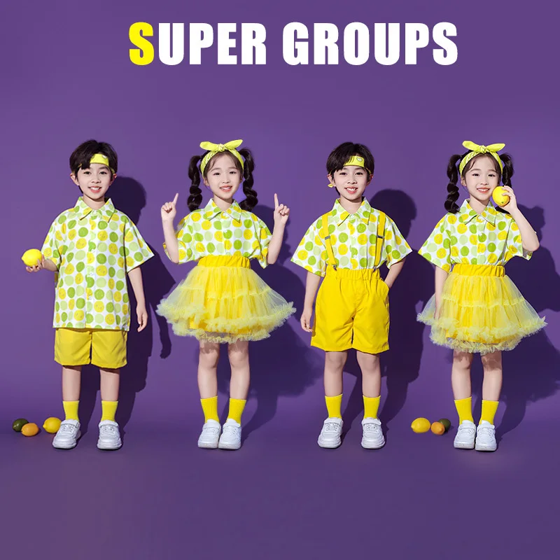 Kids Cheerleading Costume Set Yellow Shirt with Polka Dot Pattern Skirt/Shorts/Overalls for Girl Boy Student Acting Clothes