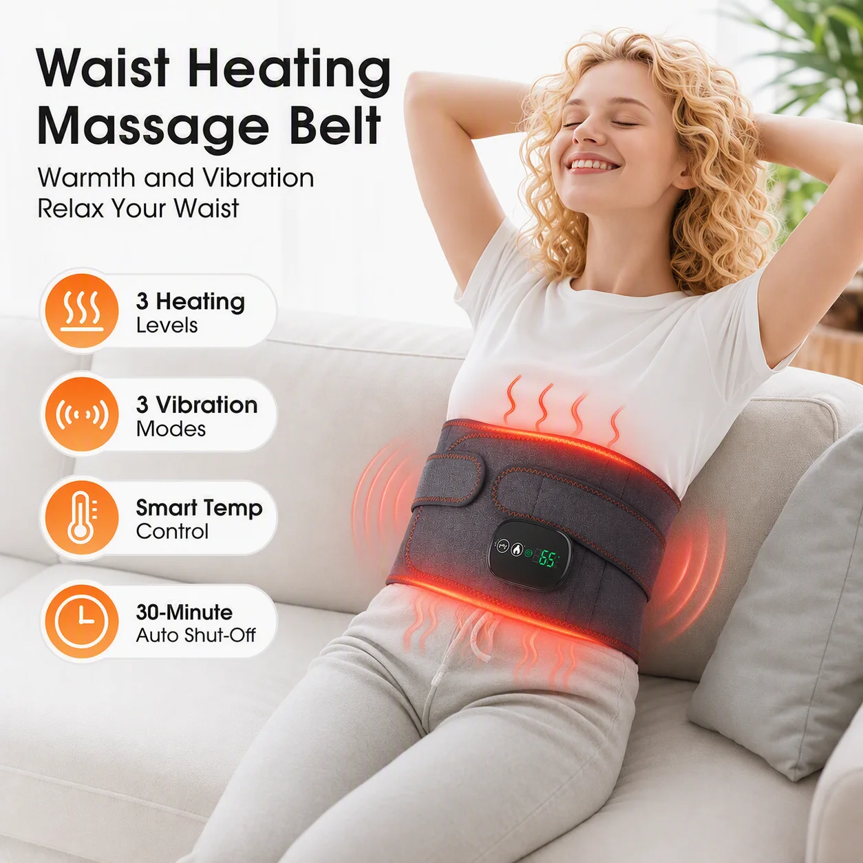 Heated Waist Massager, LED Light Vibration Back Massager Cordless Touch Screen 3 Modes for Office Home Winter Support Comfort