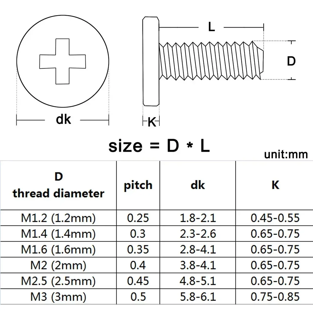50pcs M1.2 M1.4 M1.6 M2 M2.5 M3 M4 Phillips Ultra Thin Flat Wafer Head Screw Carbon Steel CM Thin Head Laptop Screw for Computer
