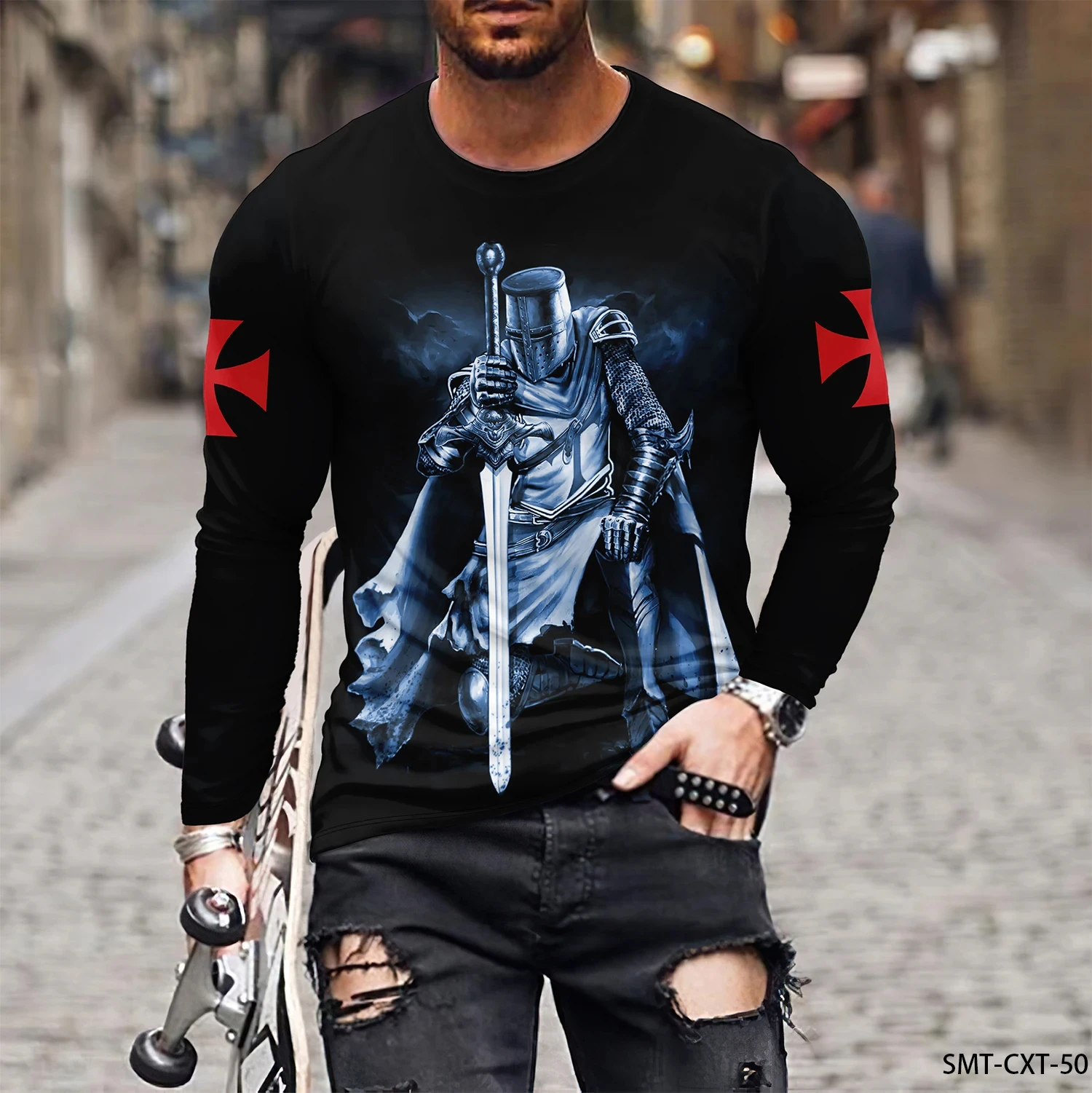

Funny 3D Crusader Knights Print Men T Shirt Casual O-neck Long Sleeve T-Shirt Street Hip Hop Vintage Clothes Fashion Cotton Tops