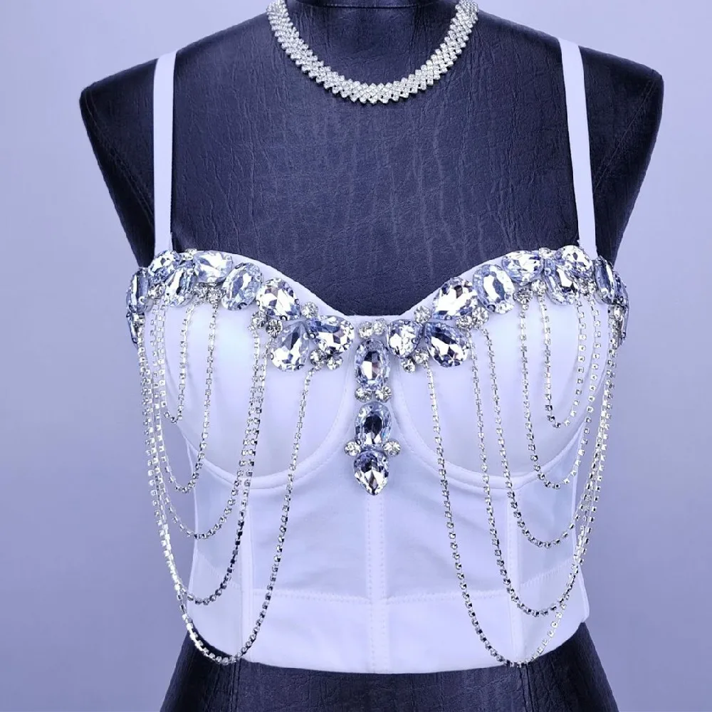 Beadings Rhinestone Chain Bling Lady Corset Sexy Dancer Performance Bustier Girls Tank Top Lady Cropped Top Club Party Bralet