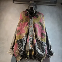 Fashion Contrasting Color Printing Knitted Splicing Old Denim Hooded Cardigan Women's Single-breasted Loose Jacket Autumn Coats