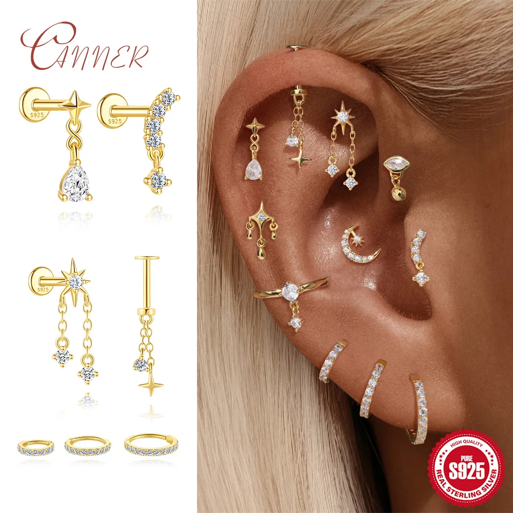 

CANNER 925 Sterling Silver INS Star/Moon/Arc Piercing Stud Earrings For Women Bone Earlobe 6/8/10mm Circle Party Jewerly Gifts