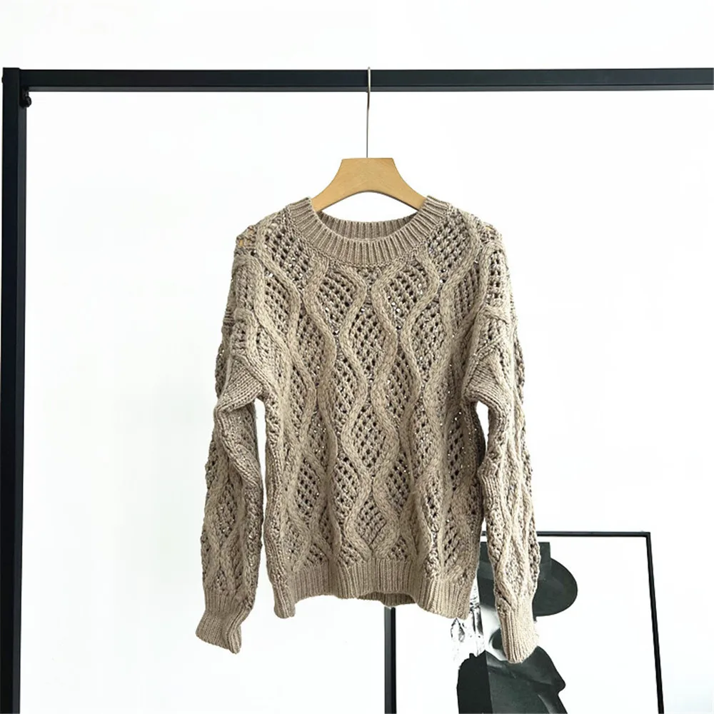 Women's 25 Autumn/winter Pullover Round Neck Long Sleeved Diamond Shaped Hollow Sequin Loose Cashmere Thick Knit Sweater