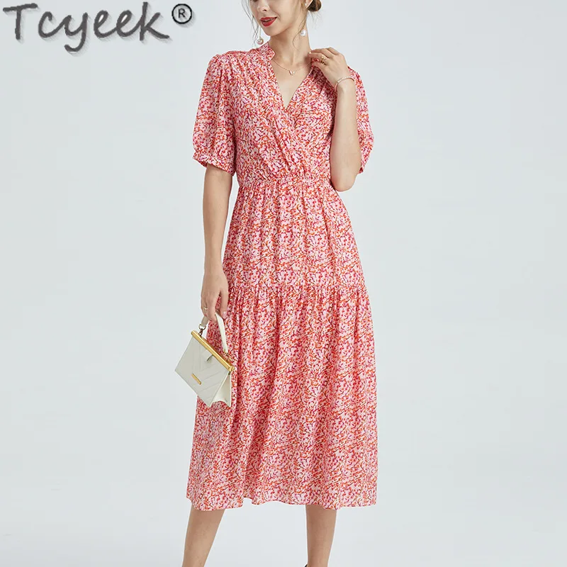

Tcyeek 100% Real Silk Dresses 2024 Summer Dress Women Clothes Elegant and Pretty Women's Dresses French Print Dress Half-sleeve