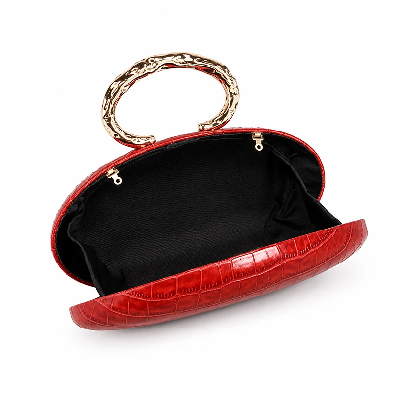  Eiförmige Handtasche mit Krokodil-Textur und Acryl-Griff, ovale Abendtasche mit Kettenriemen für Damen, luxuriöse Clutch für Hochzeiten und Partys. – Detail 3
