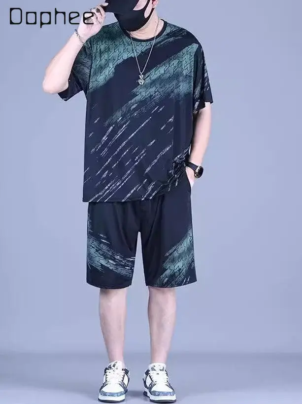 Summer Men's Yellow Black Gray Letter Print Cool Loose Casual Round Neck Short Sleeve T-Shirt Shorts Sports Two-Piece Set