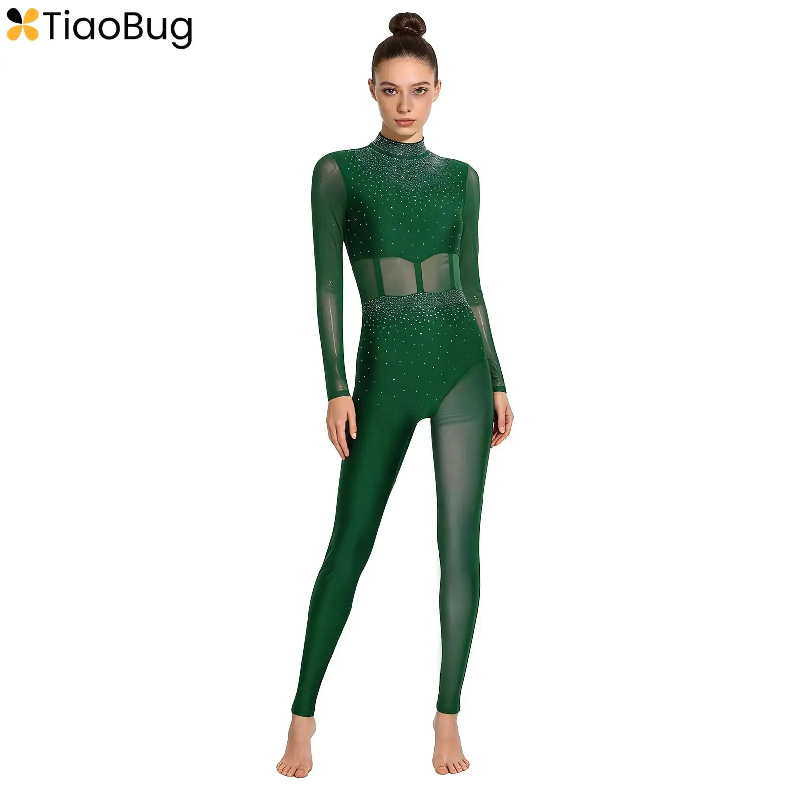

Women's Gymnastics Unitard Bodysuit Rhinestone Sheer Mesh Patchwork Cutout Back Full-body Jumpsuit for Figure Skating Dancewear