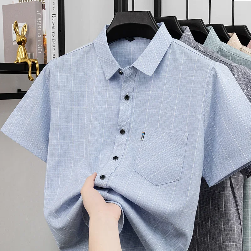

Men Plaid Short Sleeve Casual Business Shirt Button Up Tops With Chest Pocket For All Seasons Men Daily