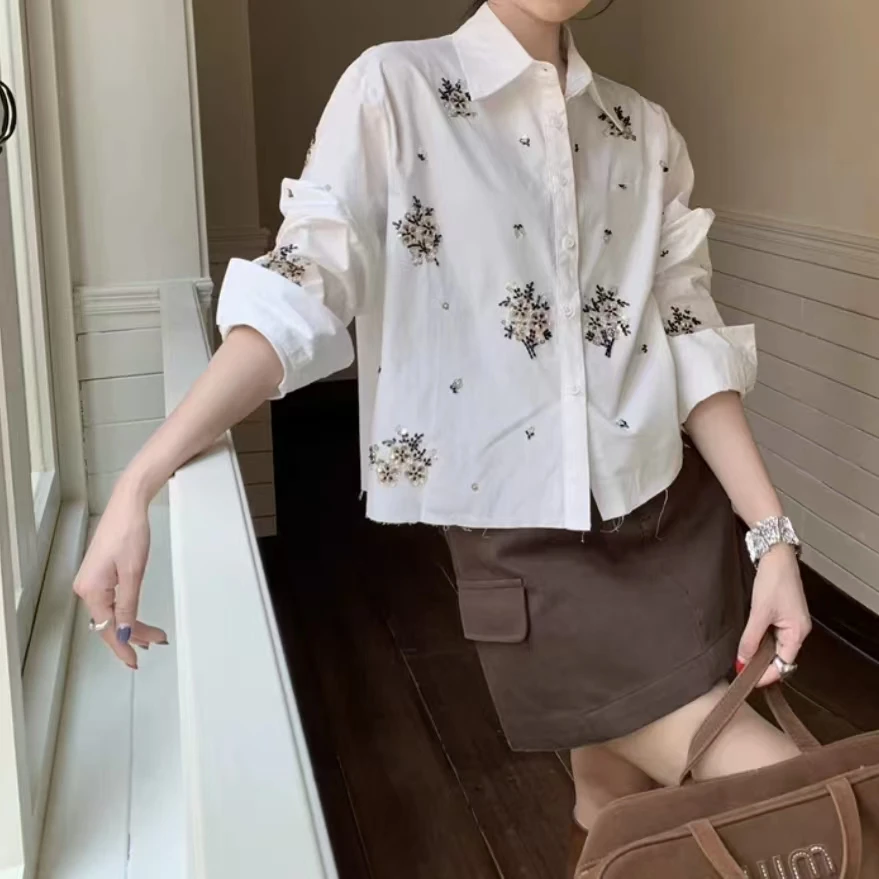 Neue Herbst Stickerei frauen Kurze Shirt Frau Kleidung Nette Shirts & Blusen Koreanische Beliebte Kleidung Weibliche Kleidung