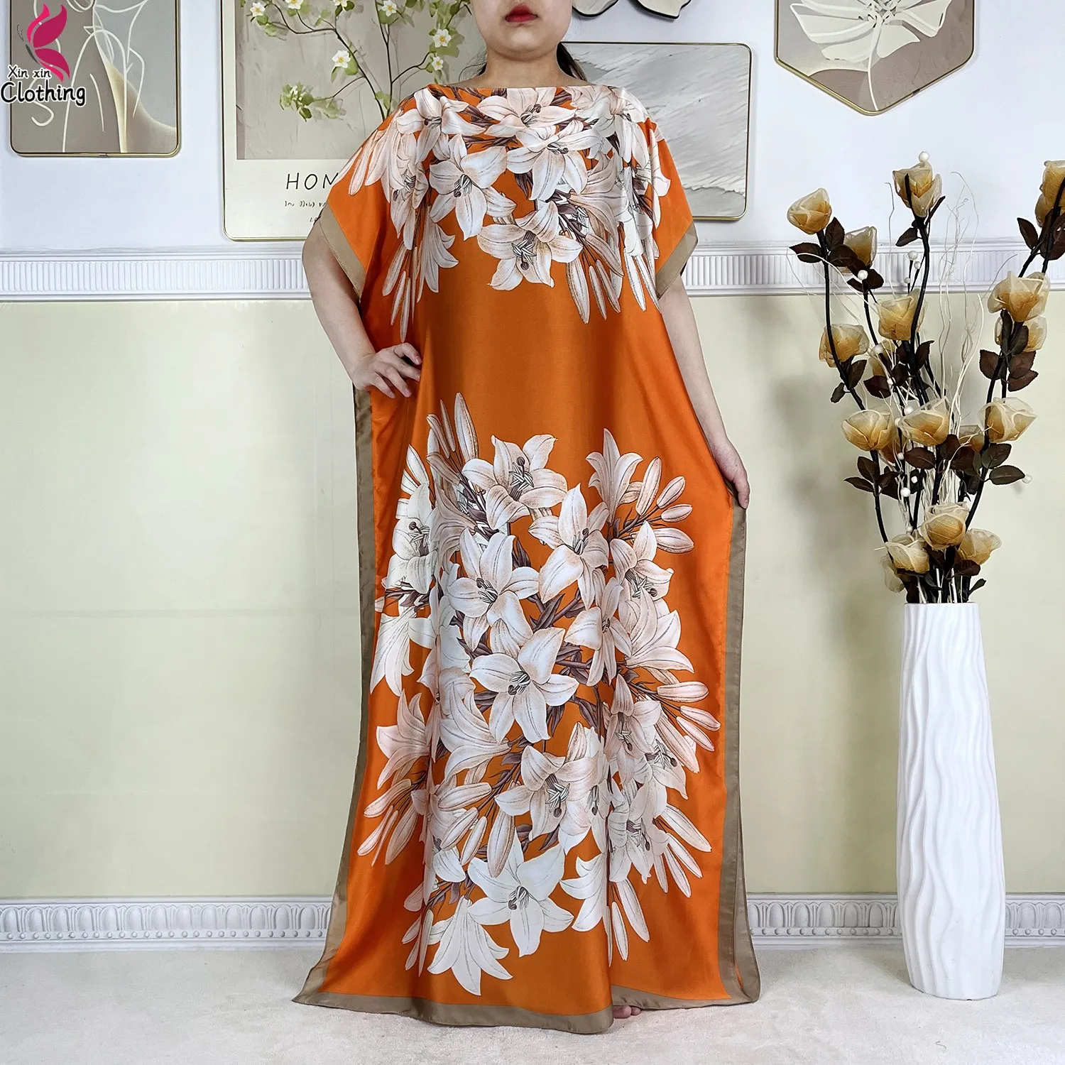 Nouvelle mode Robe d'été tissu en soie dubaï turquie caftan musulman ample Abaya femmes Dashiki africain décontracté imprimé fleuri Robe ample