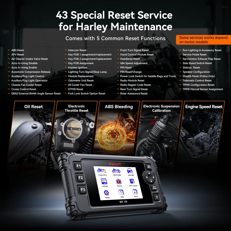 iCarsoft MT V6 Motorcycle Diagnostic Scan Tool for Harley, All System Motorcycle OBD2 Scanner with 57Actuation Tests