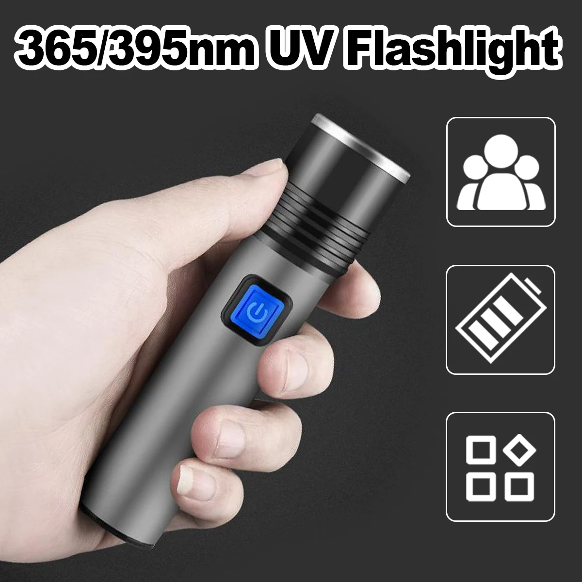 Uv Led Flashlight Black Light Torch Portable Flashlights Aluminum Violet Ultraviolet 365/395nm Usb Charging 3-light-modes Small