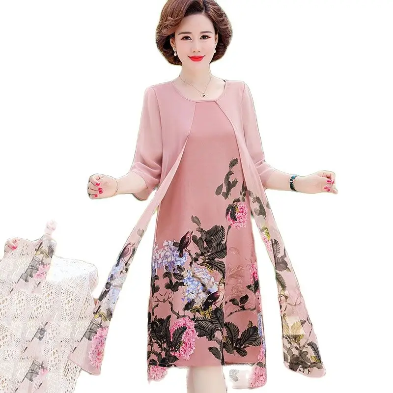 

Summer New Printed Dress 2023 Mid-length Half-sleeve Fake Two-Piece Chiffon Skirt Female Korean Version Elegant Long Skirt 5X