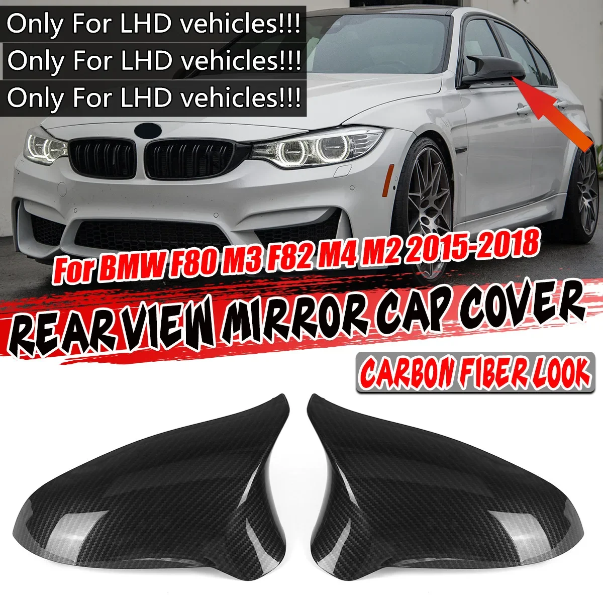 

ONLY FIT LHD For BMW F80 M3 F82 M4 2014-2019 Car Wing Side Mirror Cover Cap Carbon Look Rearview Mirror Cap Covers Replacement