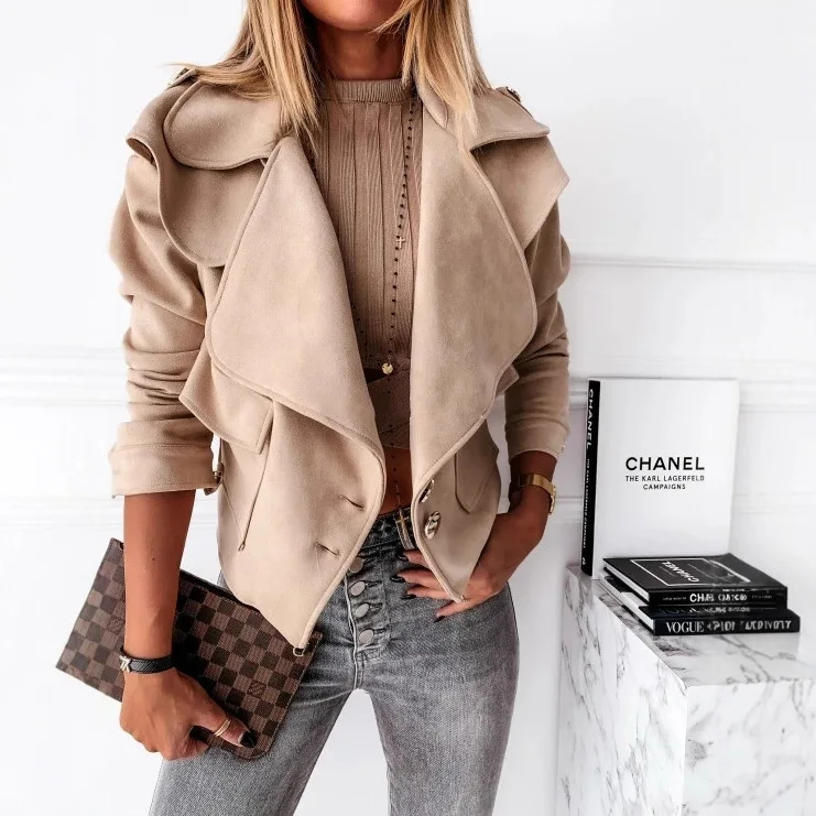 

Женская осенне-зимняя бархатная куртка на пуговицах с длинными рукавами и откидным воротником из кожи оленя, маленькое пальто для женщин