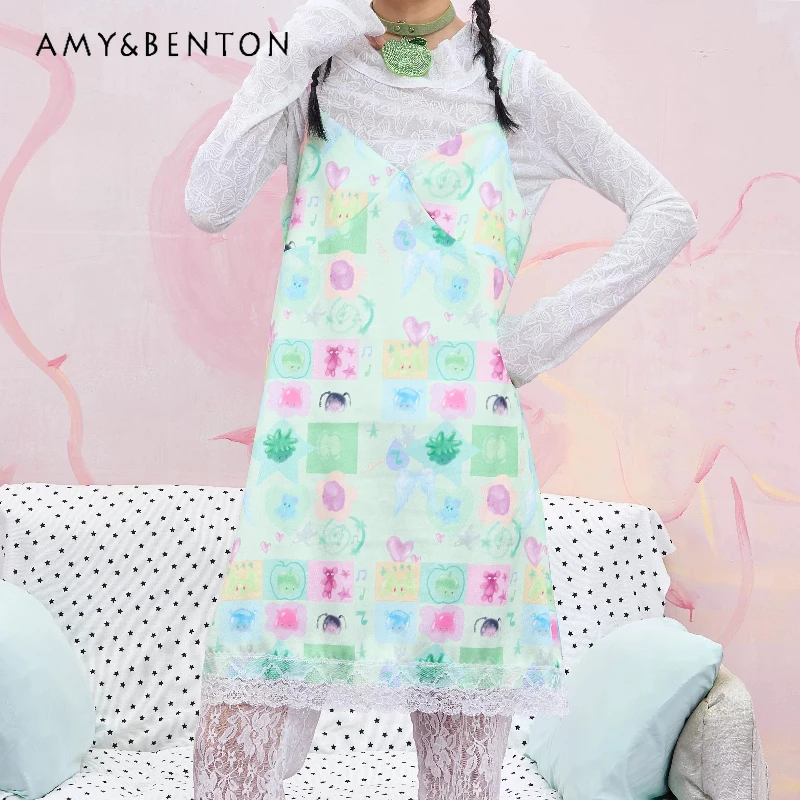 

Original Hand-painted Cartoon Animation Cute Multi-colored Women's Sling Dress New Loose V-neck Sleeveless Vest Dresses Ladies