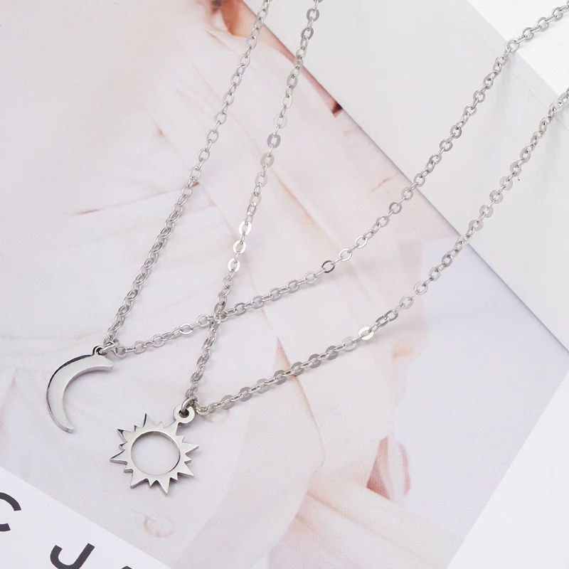 2 Pcs/Set Stainless Steel Silver Color Sun Moon Necklace For Best Friends Friendship Jewelry Gifts