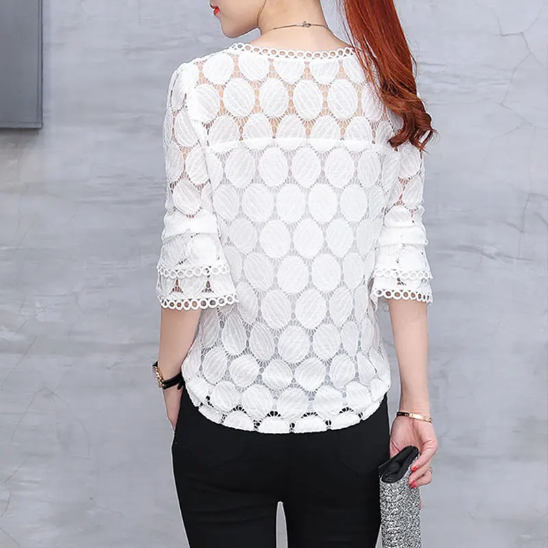 Stylish Polka Dot Spliced Hollow Out Blouse Casual 3/4 Sleeve Women\'s Clothing Spring Summer New Basic Round Neck Straight Shirt