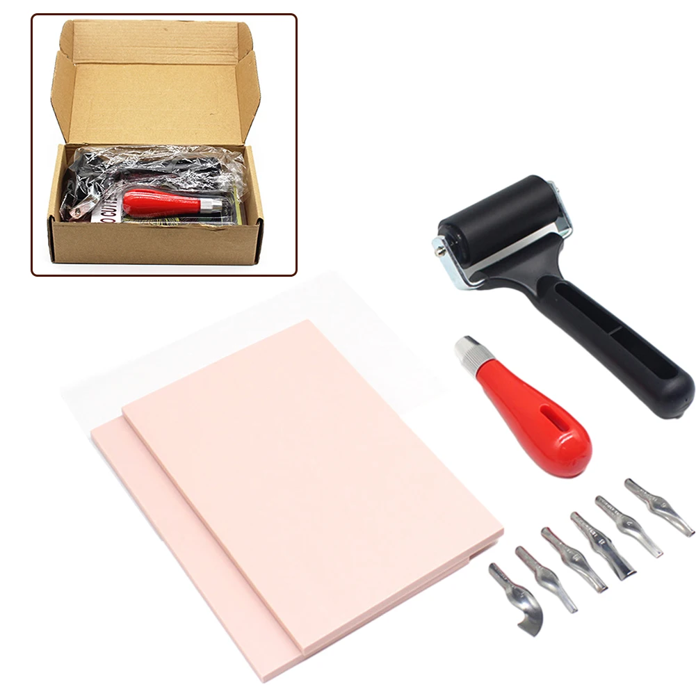 Rubber Stamp Making Kit Linoleum Cutter With 6 Blades Rubber Carving Block Tracing Paper Scroll Wheel DIY Crafting Art Tools