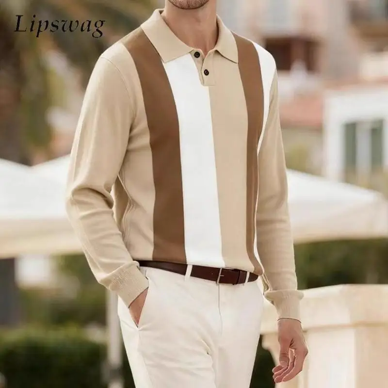 

Стильные мужские полосатые рубашки поло, винтажные вязаные джемперы на пуговицах с отложным воротником, топы, мужские весенне-осенние повседневные тонкие свитера поло