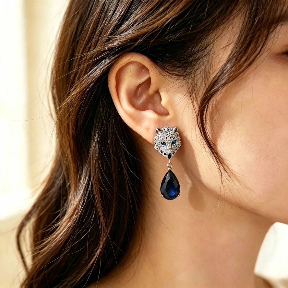 925 Sterling Silver Cute Cat Shape Dangle Earrings Women Waterdrop Blue Cubic Zircon Unique Popular Party Jewelry Birthday Gift