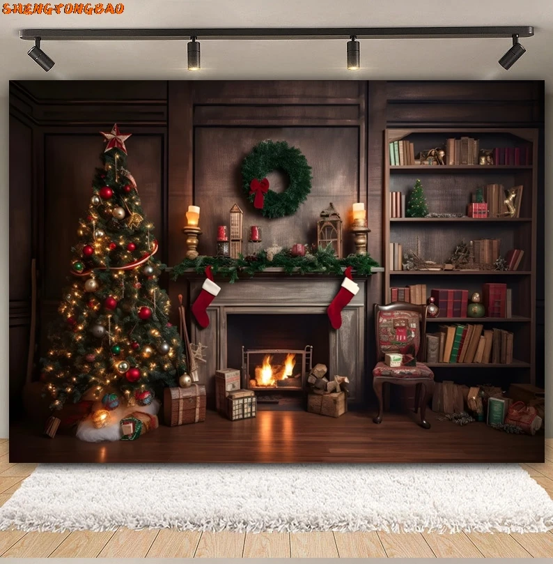 Décors de photographie de cheminée de Noël, arbre de Noël, père Noël, cadeau de fenêtre, décor de fond de portrait de famille de bébé, studio photo