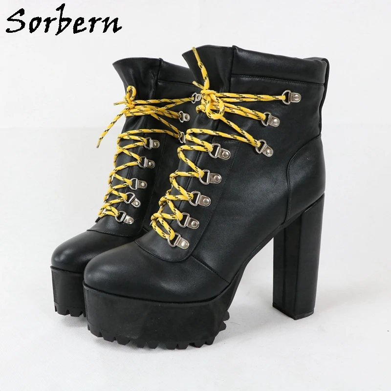 

Sorbern Black Matt Women Boots Lace Up Block High Heel Rubber Sole Platform Ankle Booties Unisex Chunky High Heel Multi Colors