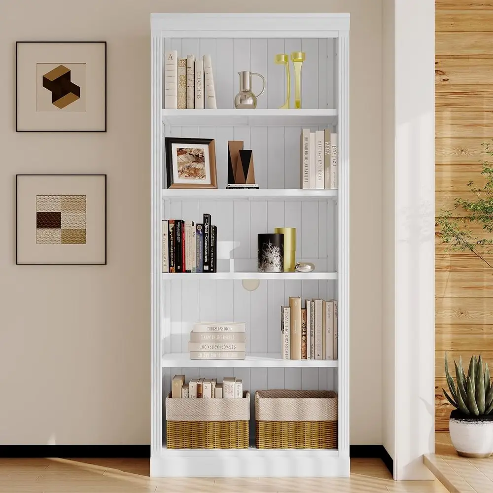 

White 83 Tall 5-Tier Wood Bookshelf with Adjustable Shelves for CDs, Books, and Movies - Living Room/Study Room Storage