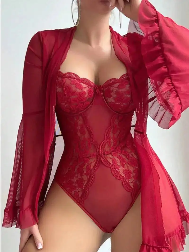 Body Sexy avec broderie de fleurs transparentes, couleur unie, décolleté en V profond, pur désir, charmant, Style élégant, body fin pour femme, TJLQ