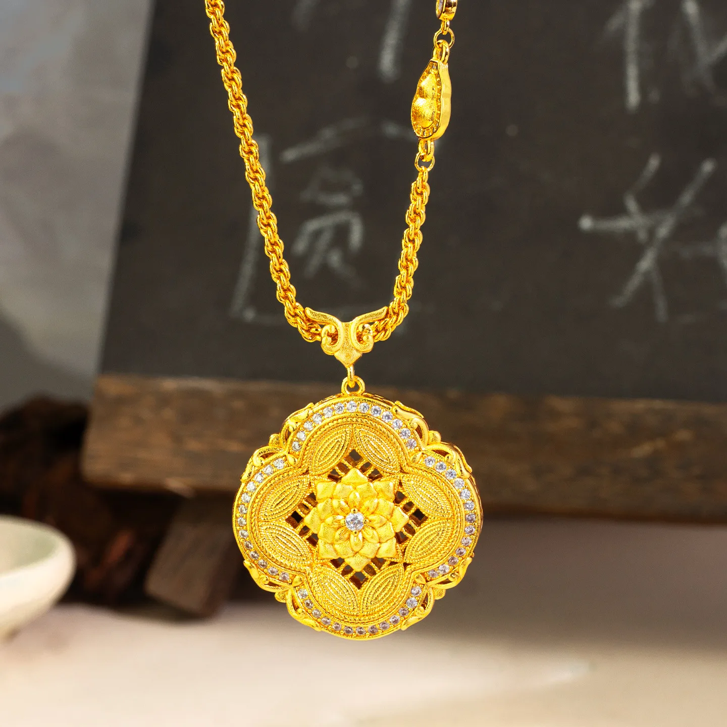 

Luxury 24K 9999 Pure Gold real gold Women's Hollow Peony Pendant High Clavicle Chain