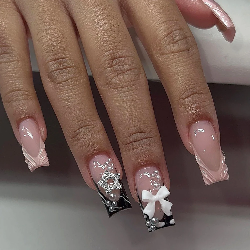 

24 шт. 3D розовые французские балетные накладные ногти Y2k Star Rhinestones Bow Pearl Press On Nail Tips Long Coffin Acrylic Fake Nails Patches