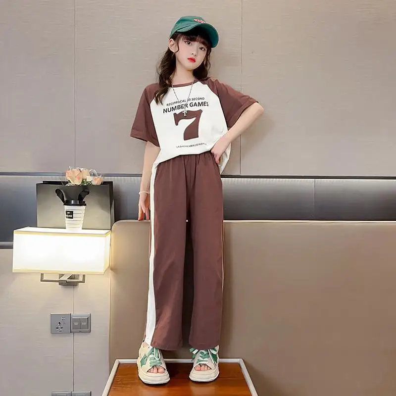 

Девушки 2025 Лето Новая мода Модные костюмы с короткими рукавами 4 6 8 10 12 14 лет Молодежные девушки-подростки Корейский стиль 2 шт. Футболки Одежда