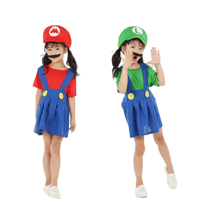 2025 New Halloween Aldult Kids Super Mari Luigi Bros Cosplay Costume Jumpsuit Dress Full Suit Party Boys Girls Fancy Costum abc