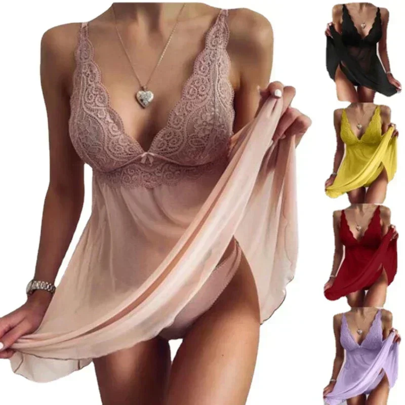 Top Fashion Sexy Womens Night Dress Transparent Mesh Home Wear Lace Suspender Sleep Dress Nightgown Sleepwear Fun Lingerie Dress