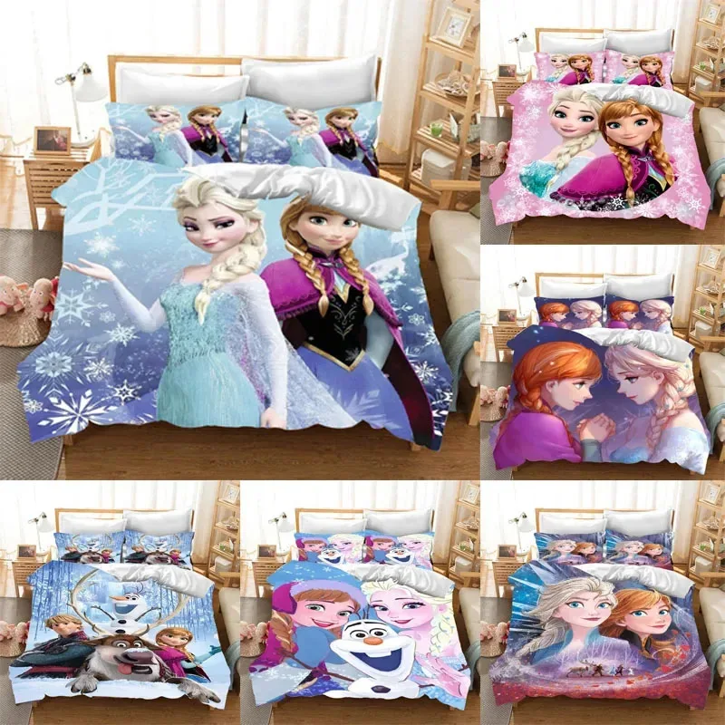 Juego de cama de Frozen de Disney, funda de edredón, funda de almohada, decoración de dibujos animados de Elsa y Anna, funda nórdica para dormitorio, traje de cama, regalo para niños