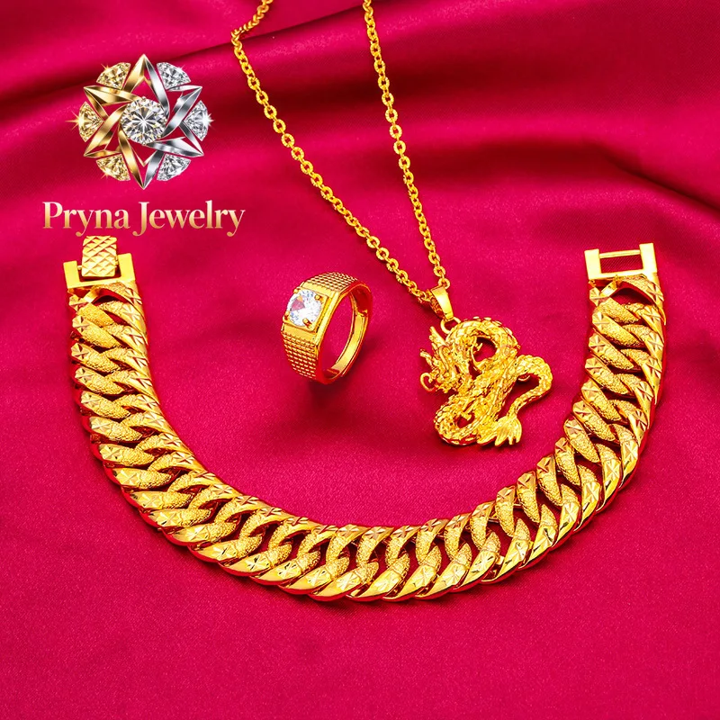 Pryna Jewelry   Wide Edge Bracelet, Necklace Ring Set for Men 24K Gold, AU999 Double sided star track engravings rotating ring f